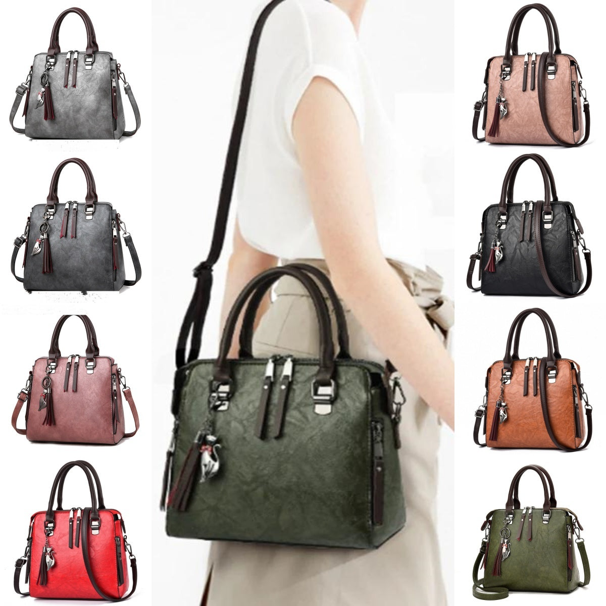 Audrey – Große Damenhandtasche mit veganem Leder und Quaste