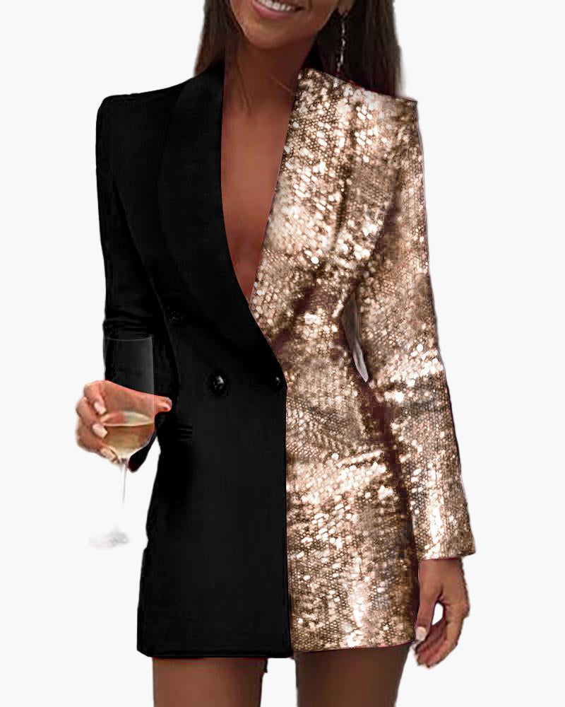 Damen Elegantes Blazer-Kleid für Party und Abend – Sexy Patchwork-Look mit Pailletten, Tiefer V-Ausschnitt, Mini-Länge