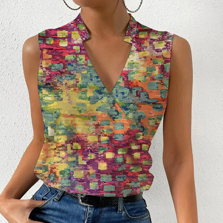 Melanie – Ärmelloses Damen T-Shirt mit V-Ausschnitt und Sommer Print