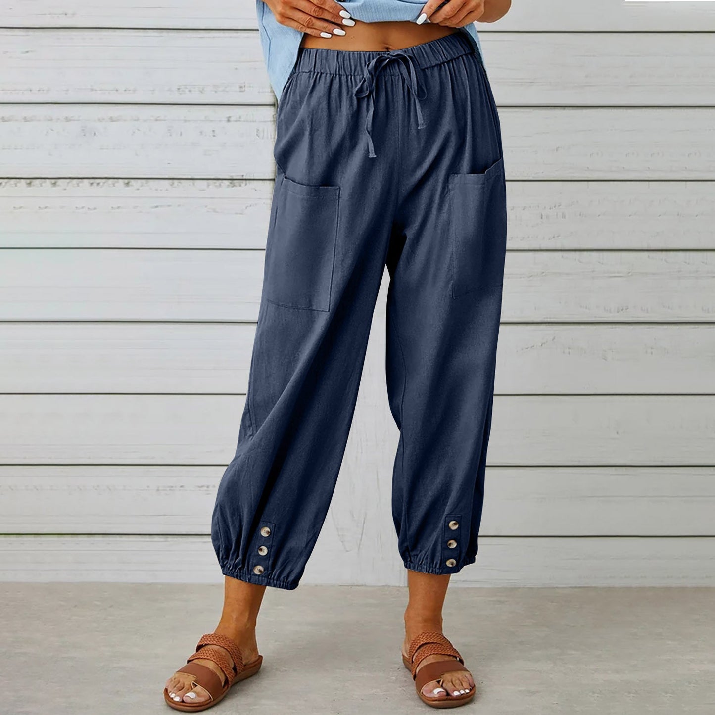 Michelle – Damen Baumwoll-Leinenhose mit Kordelzug und Taschen