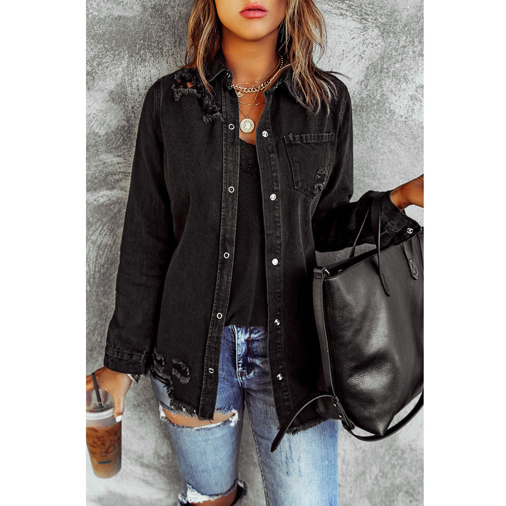 Ruby – Schwarze Ripped Denim-Jacke mit langen Ärmeln