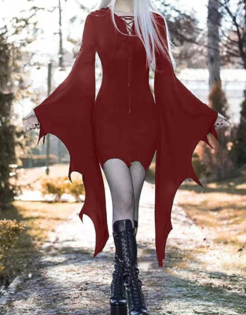 Halloween Damen Kostüm Kleid – Gothic Hexen Kleid mit Fledermausärmeln für Halloween Party & Cosplay