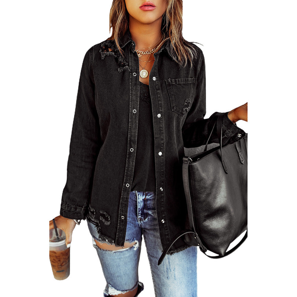 Ruby – Schwarze Ripped Denim-Jacke mit langen Ärmeln