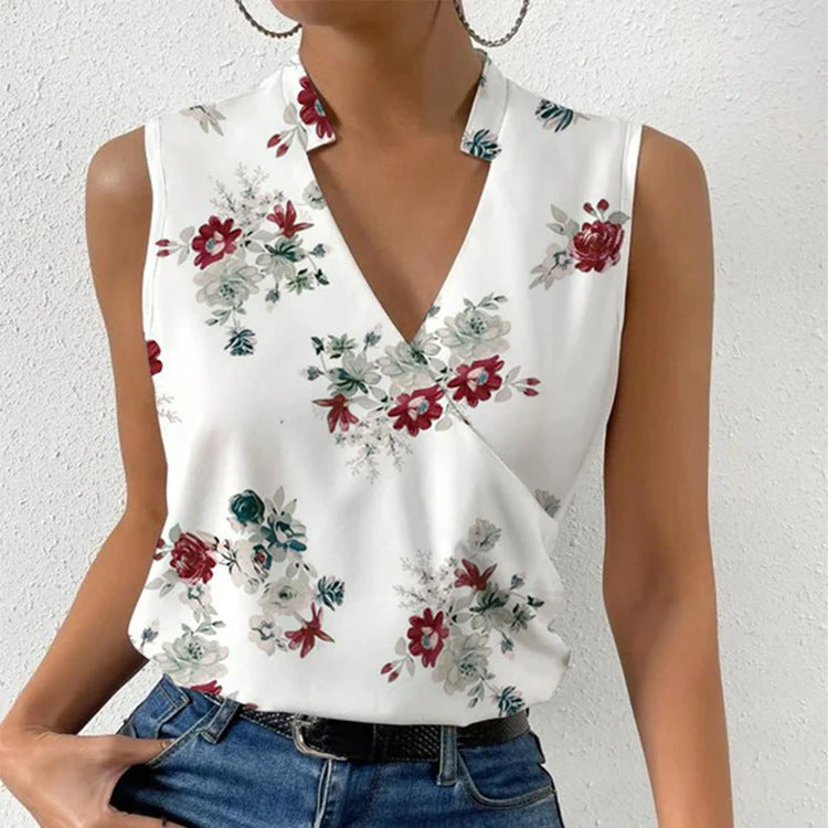 Melanie – Ärmelloses Damen T-Shirt mit V-Ausschnitt und Sommer Print
