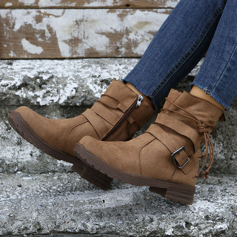 Anna – Runde Zehen Stiefel mit Schnalle und Seitlichem Reißverschluss