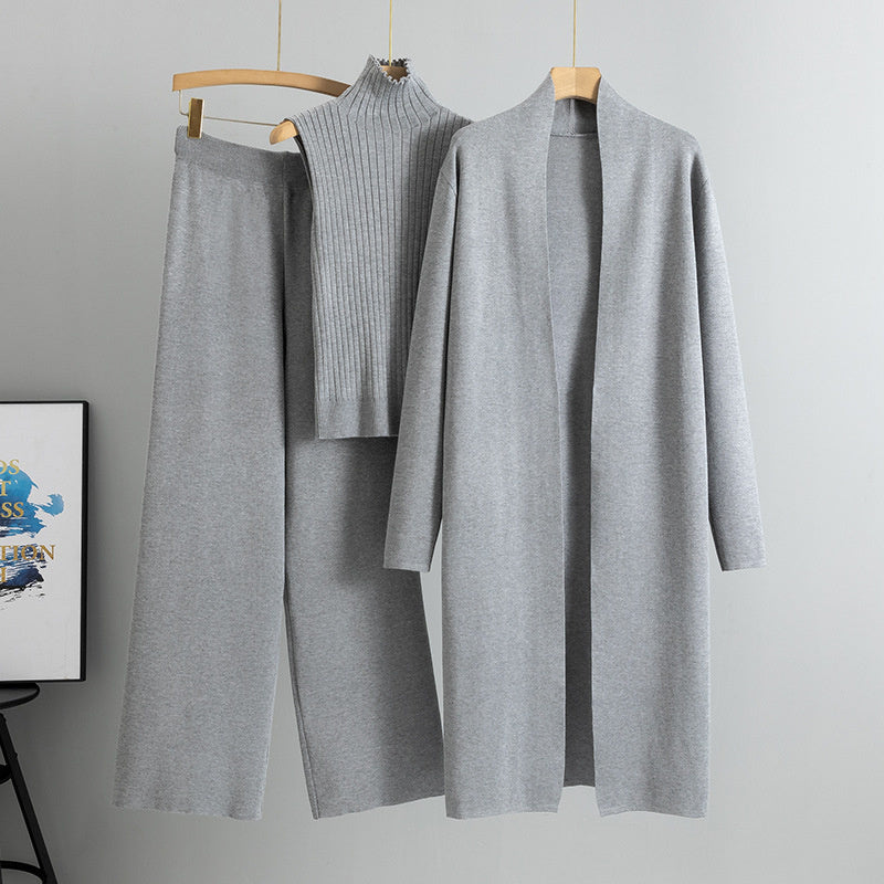 Linda – Strickmode Dreiteiliges Set mit Weste, Cardigan und Weithosen