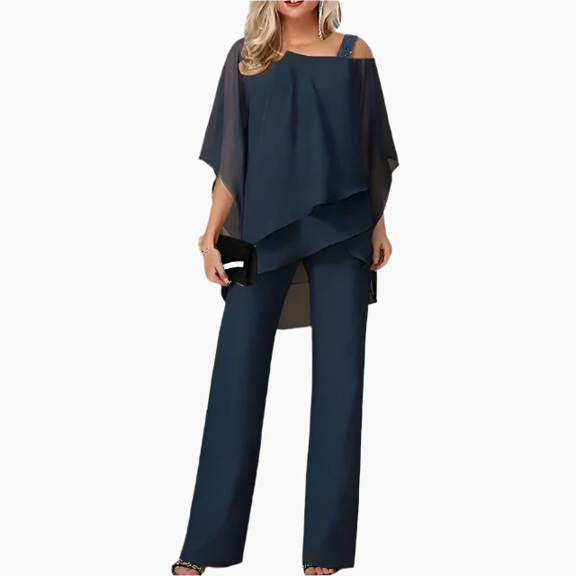 Damen Elegantes 2-teiliges Chiffon Set mit Schulterfreiem Oberteil und Weiten Hosen – Perfekt für Feste und Besondere Anlässe