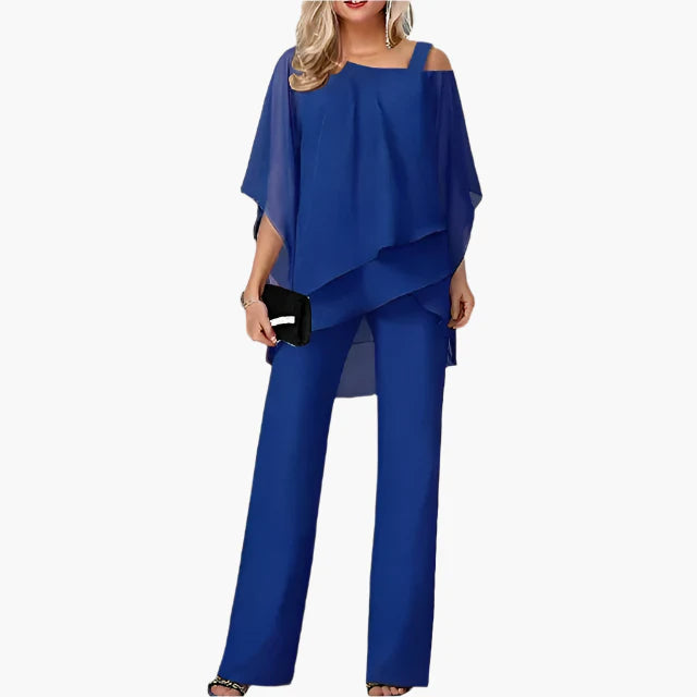 Damen Elegantes 2-teiliges Chiffon Set mit Schulterfreiem Oberteil und Weiten Hosen – Perfekt für Feste und Besondere Anlässe