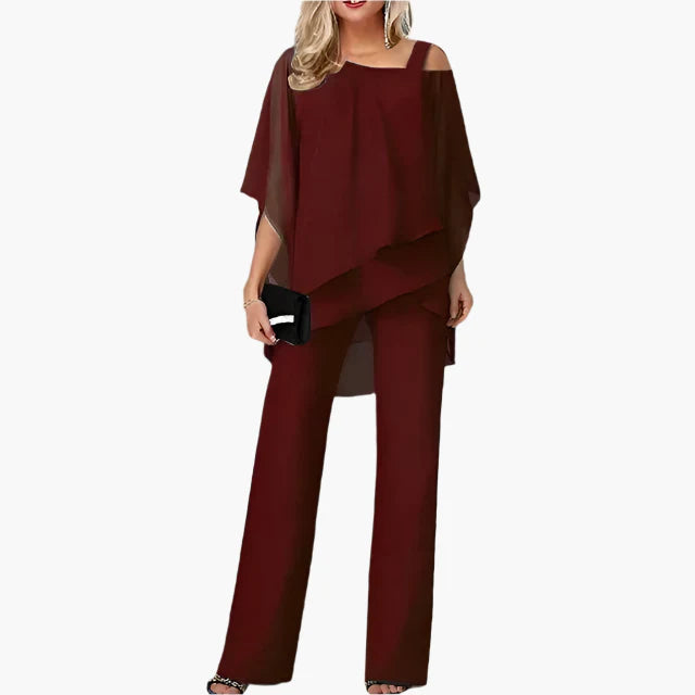 Damen Elegantes 2-teiliges Chiffon Set mit Schulterfreiem Oberteil und Weiten Hosen – Perfekt für Feste und Besondere Anlässe