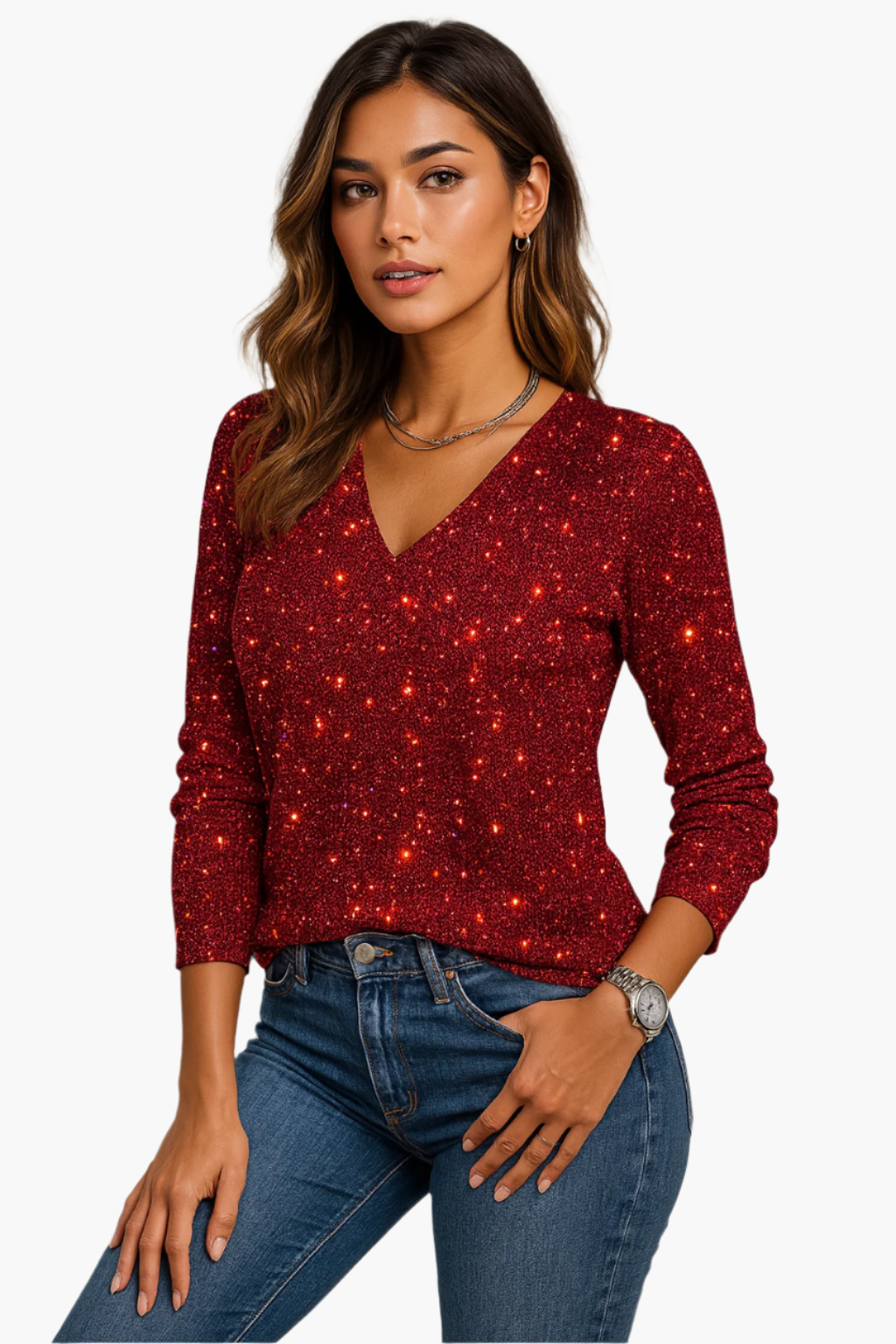 Damen Glitzer Pullover mit V-Ausschnitt – Elegantes, funkelndes Oberteil für besondere Anlässe