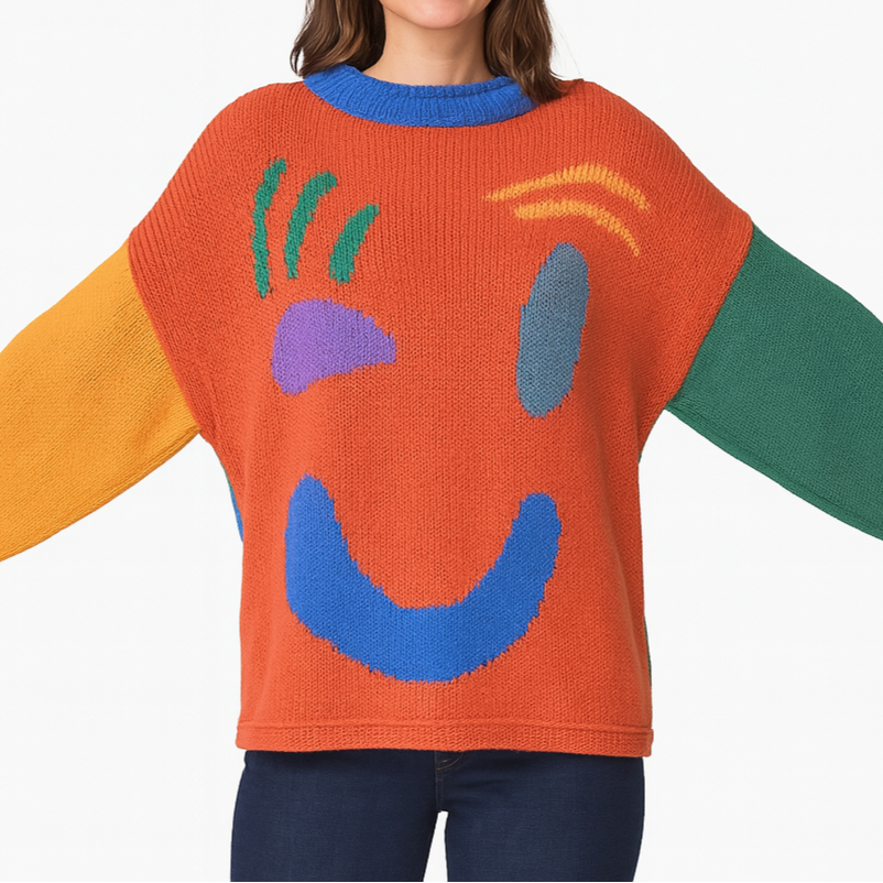 Damen Strickpullover Happy Sunday mit abstraktem Gesichtsmotiv – Komfortabler Freizeit-Look
