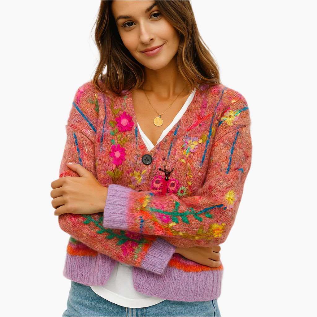 Damen Strickjacke im Boho-Stil – Gemütlicher Cardigan mit farbenfrohen Blumenmuster für Freizeit und Alltag