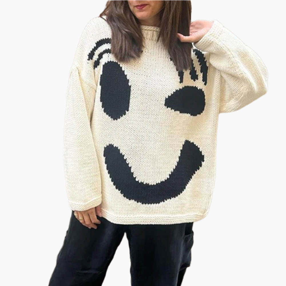 Damen Strickpullover Happy Sunday mit abstraktem Gesichtsmotiv – Komfortabler Freizeit-Look