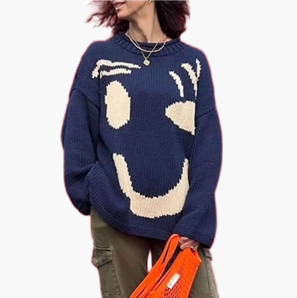 Damen Strickpullover Happy Sunday mit abstraktem Gesichtsmotiv – Komfortabler Freizeit-Look