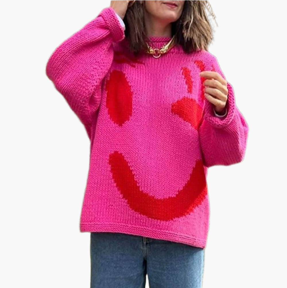 Damen Strickpullover Happy Sunday mit abstraktem Gesichtsmotiv – Komfortabler Freizeit-Look