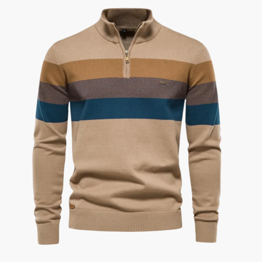 Herren Strickpullover mit Viertelreißverschluss – Eleganter Streifen-Look für Alltag und Büro
