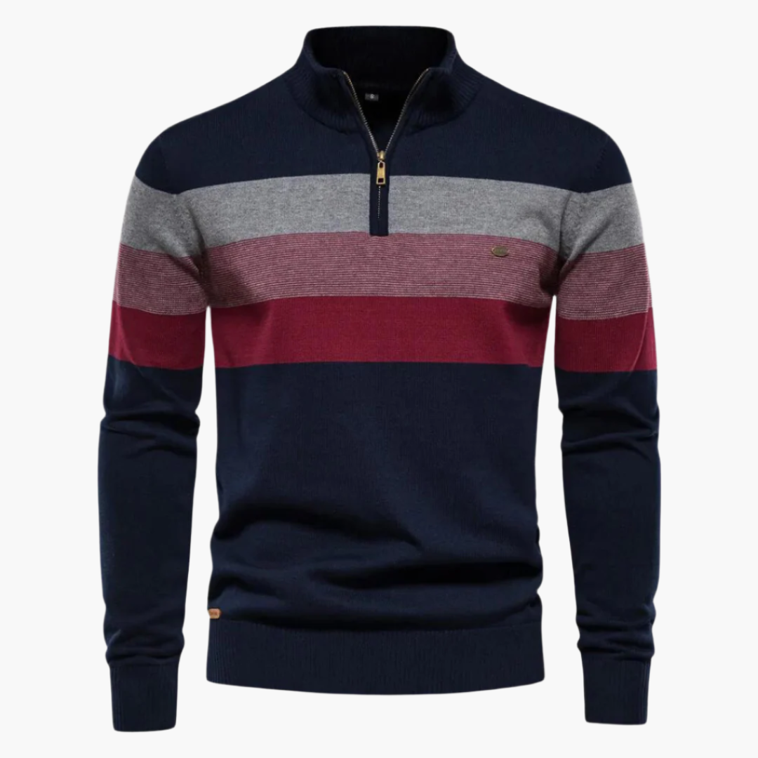 Herren Strickpullover mit Viertelreißverschluss – Eleganter Streifen-Look für Alltag und Büro