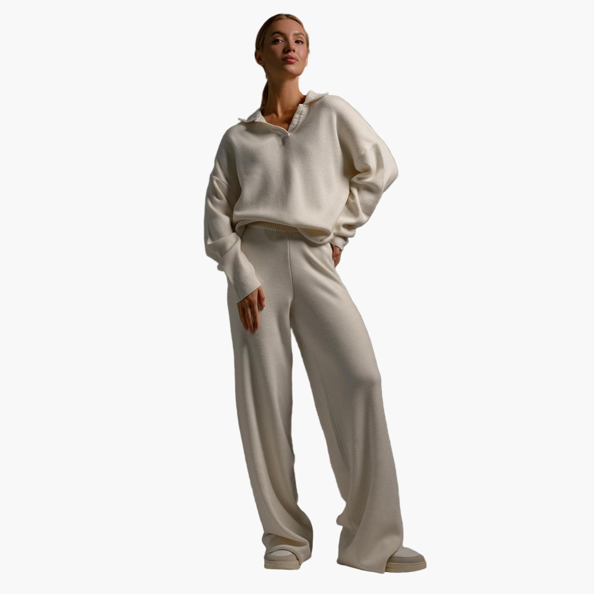 Damen Loungewear Set – Strick Zweiteiler mit Oversize Pullover und Weitbeiniger Hose – Komfort für Zuhause und Freizeit