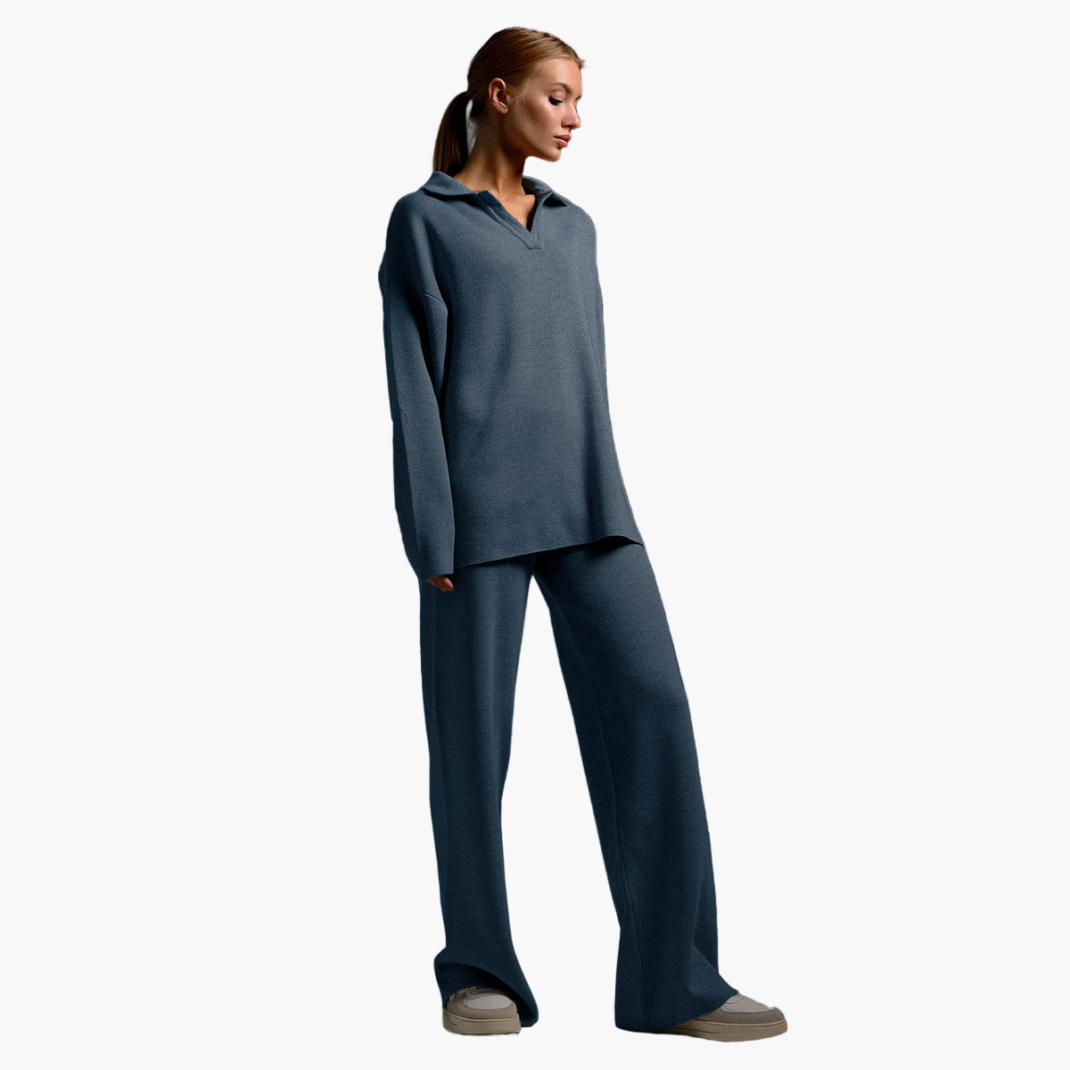 Damen Loungewear Set – Strick Zweiteiler mit Oversize Pullover und Weitbeiniger Hose – Komfort für Zuhause und Freizeit
