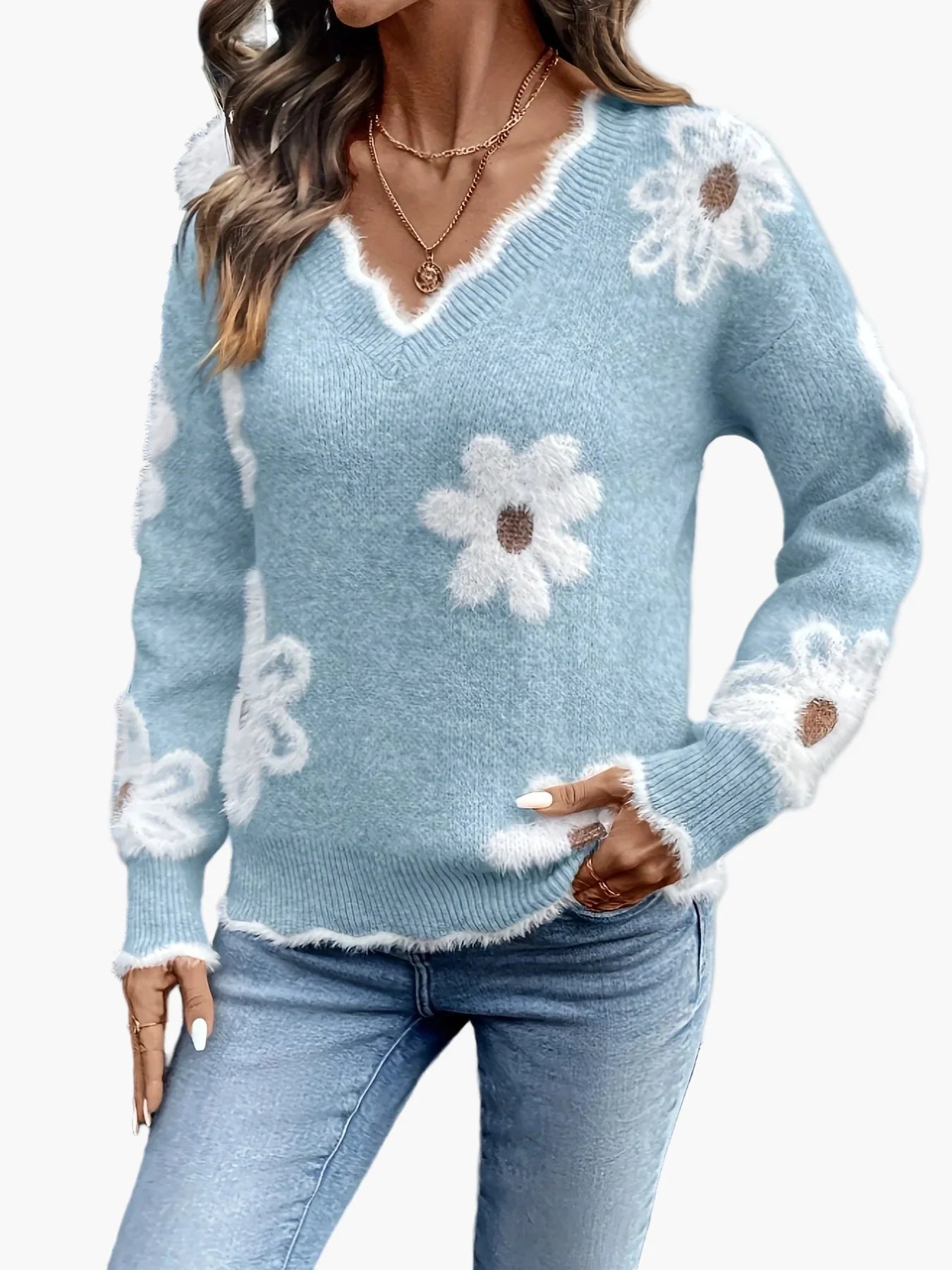 Damen Pullover mit Blumenmuster – Modischer Strickpullover im Retro-Stil für Freizeit und Alltag