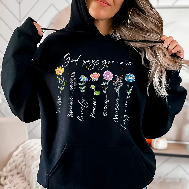 Lina – Weißer Damen-Kapuzenpullover mit inspirierendem Print