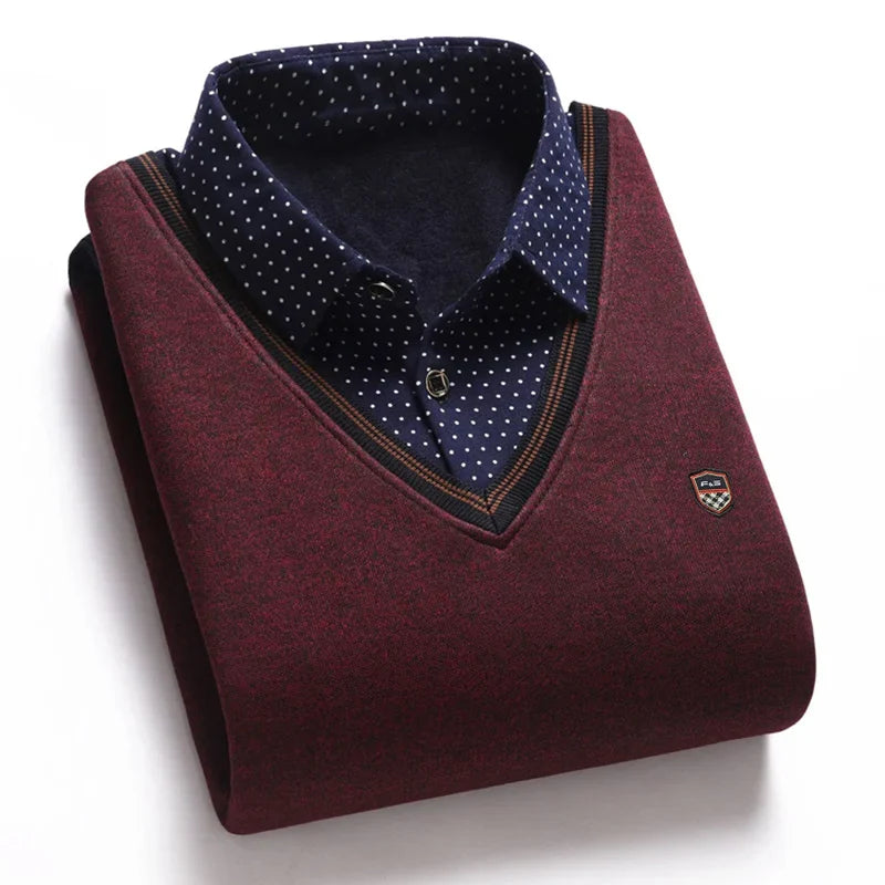 Jonas – Stilvoller zweiteiliger Strickpullover für Männer mit Plüsch und dickem, besticktem Polokragen