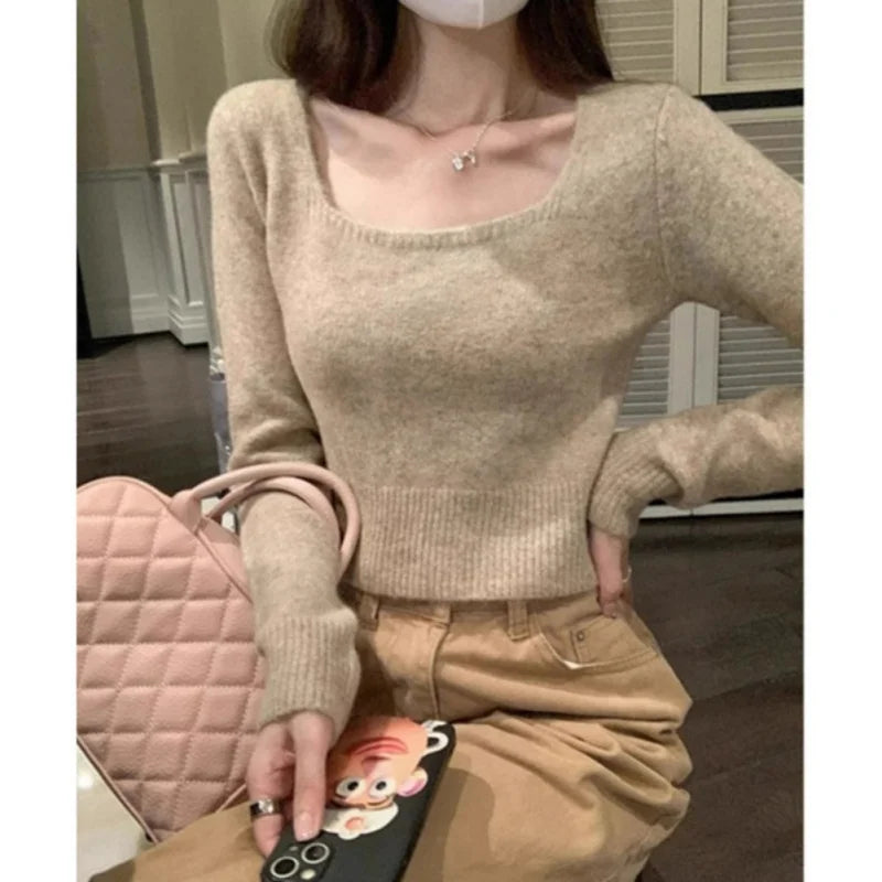 Amelie – Damen Retro Strickpullover mit quadratischem Ausschnitt und langen Ärmeln