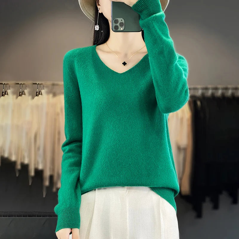 Malene – V-Ausschnitt gestrickter Pullover für Herbst und Winter