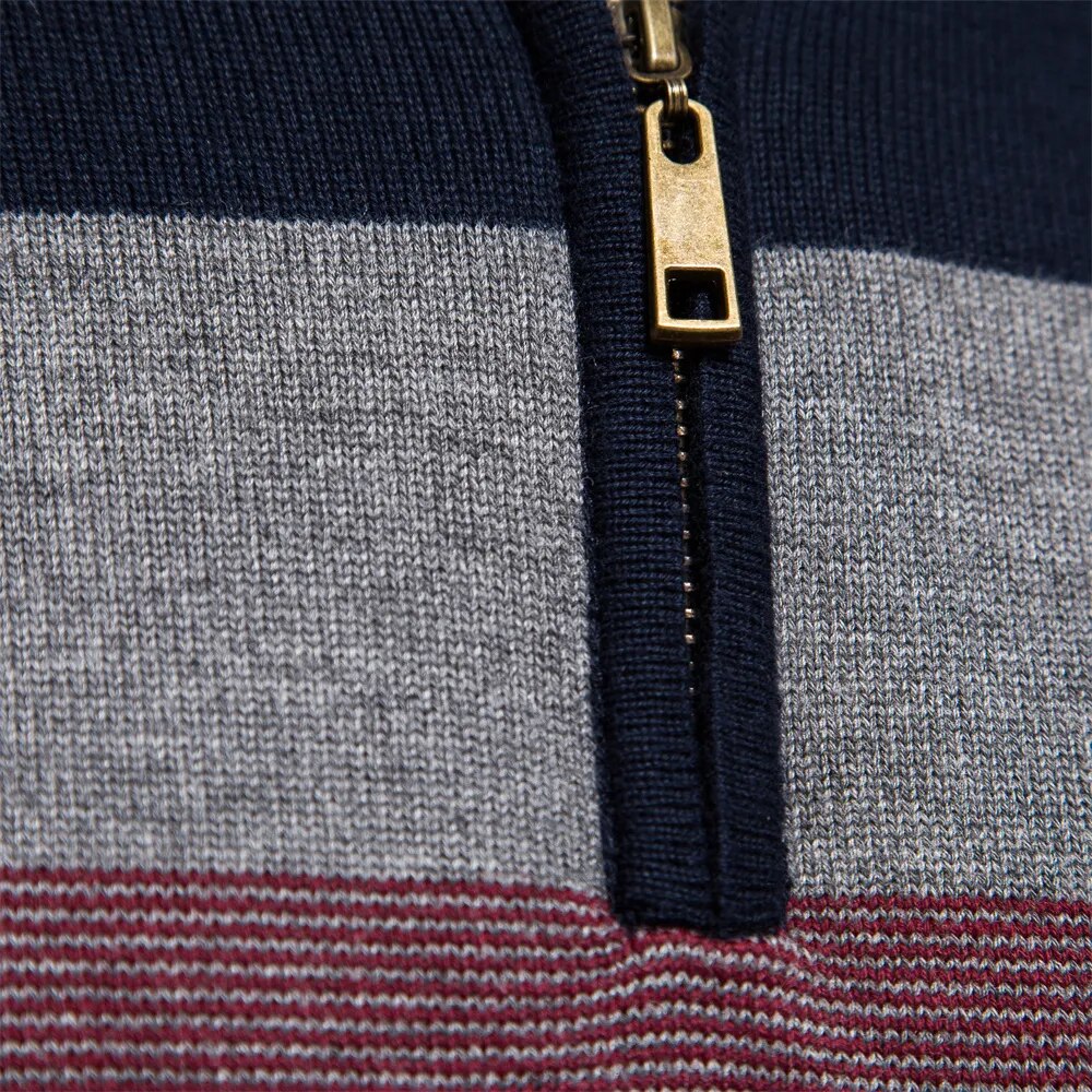 Herren Strickpullover mit Viertelreißverschluss – Eleganter Streifen-Look für Alltag und Büro