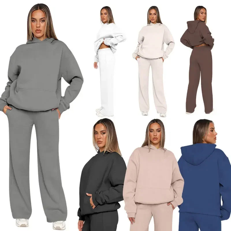 Damen Freizeit-Set mit Kapuzenpullover und weiter Hose – Modischer Streetwear-Look für Alltag und Entspannung