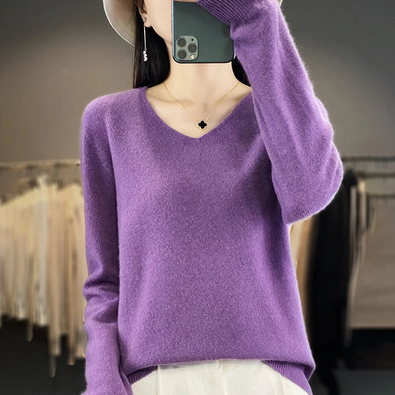 Malene – V-Ausschnitt gestrickter Pullover für Herbst und Winter
