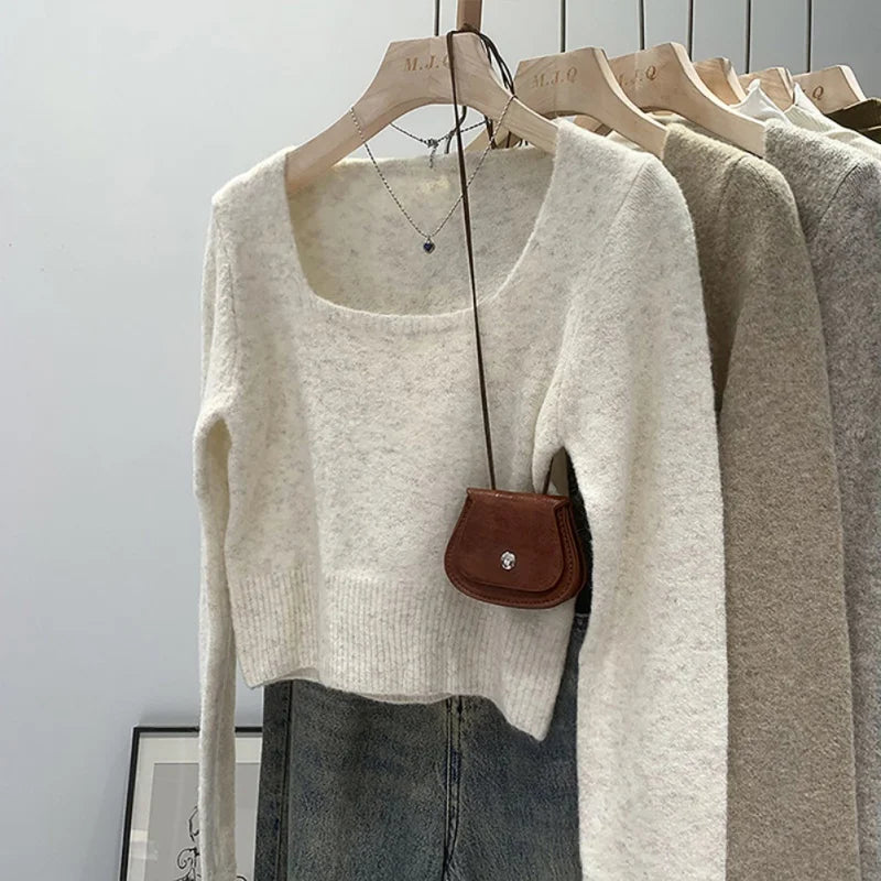 Amelie – Damen Retro Strickpullover mit quadratischem Ausschnitt und langen Ärmeln