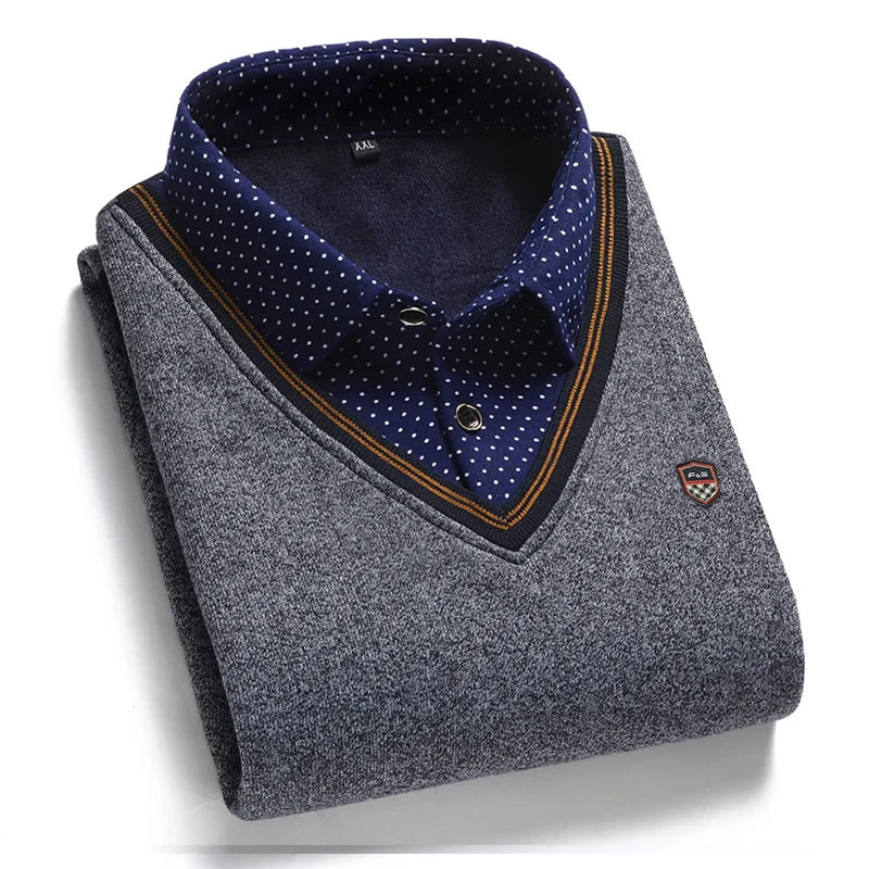 Jonas – Stilvoller zweiteiliger Strickpullover für Männer mit Plüsch und dickem, besticktem Polokragen