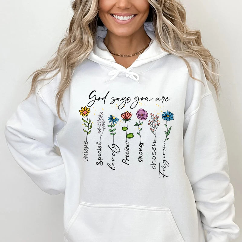 Lina – Weißer Damen-Kapuzenpullover mit inspirierendem Print