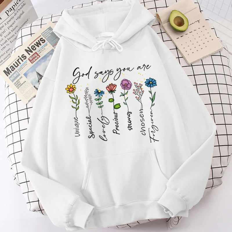 Lina – Weißer Damen-Kapuzenpullover mit inspirierendem Print