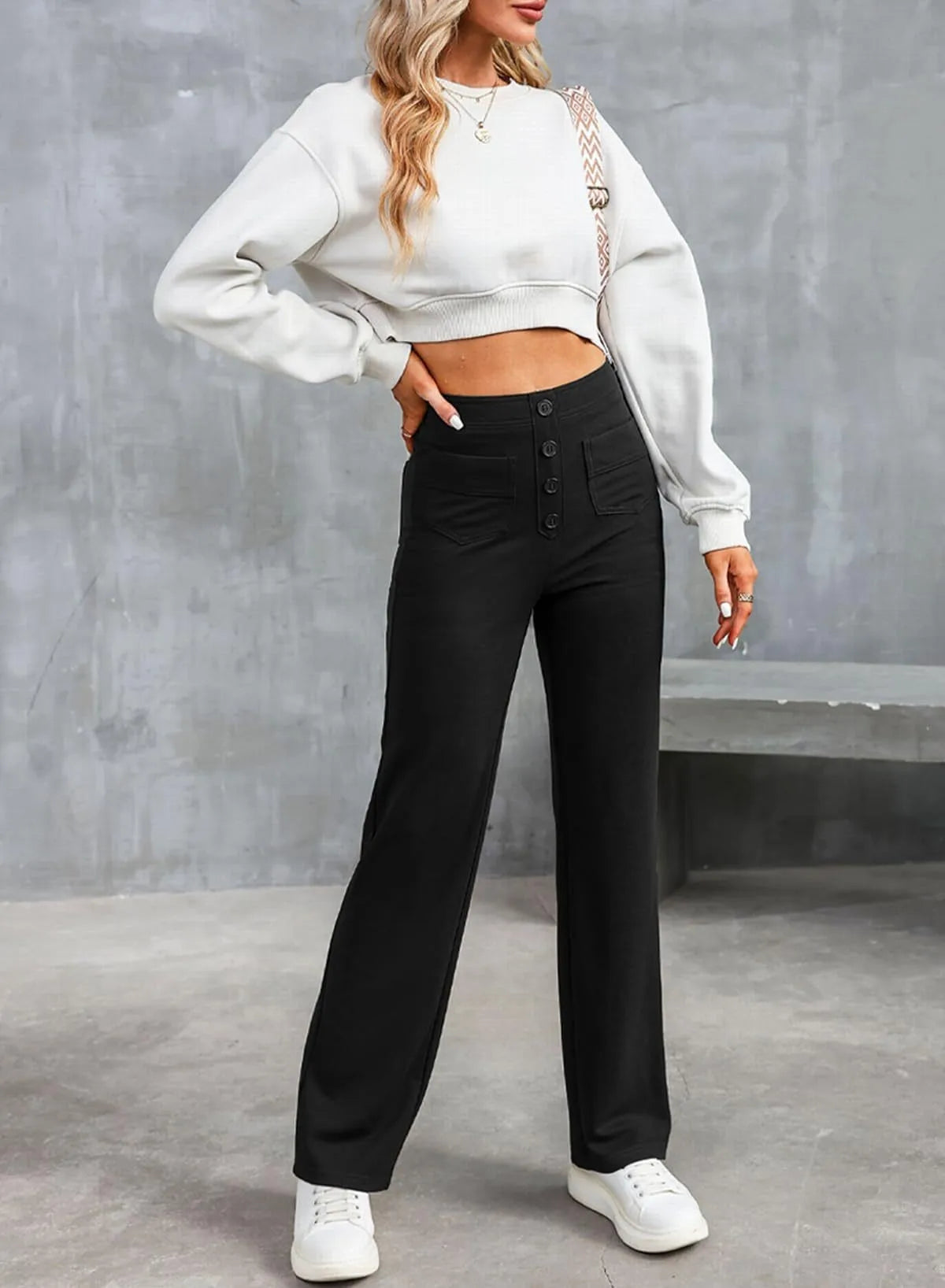 Tara – Bodenlange Damenhose mit Hohem Bund und Elastischem Taillenbund
