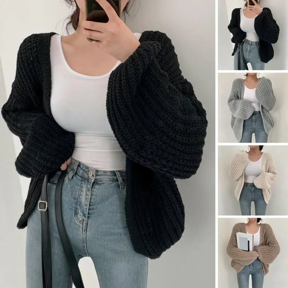Amelie – Damen Strickjacke mit V-Ausschnitt und langen Laternenärmeln