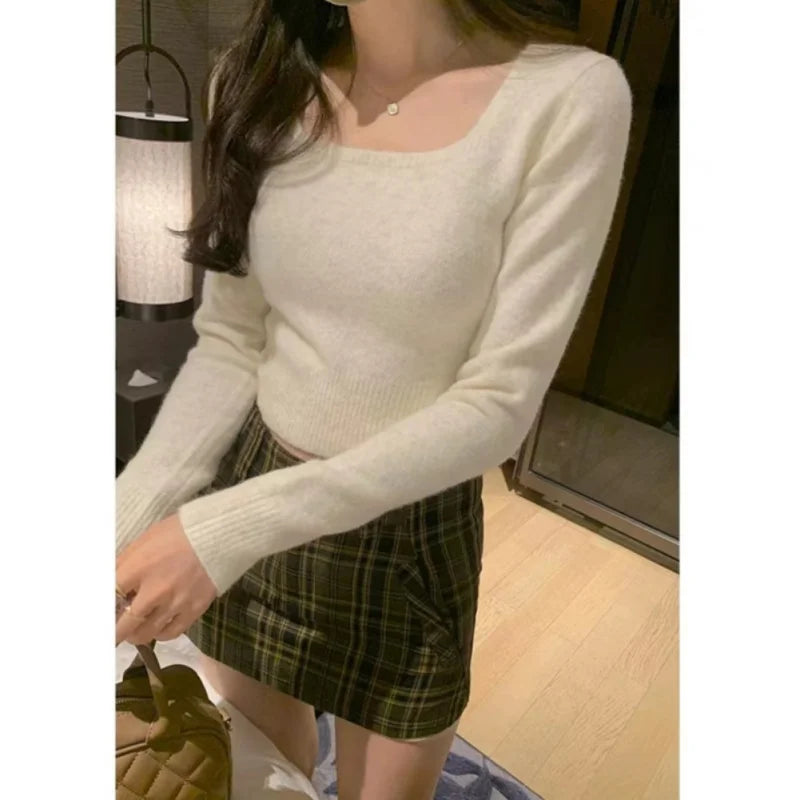 Amelie – Damen Retro Strickpullover mit quadratischem Ausschnitt und langen Ärmeln