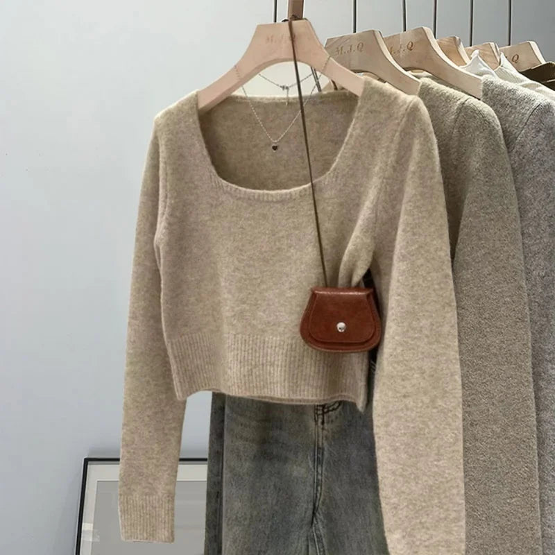 Amelie – Damen Retro Strickpullover mit quadratischem Ausschnitt und langen Ärmeln