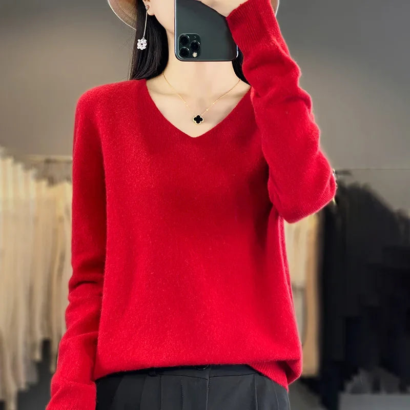 Malene – V-Ausschnitt gestrickter Pullover für Herbst und Winter