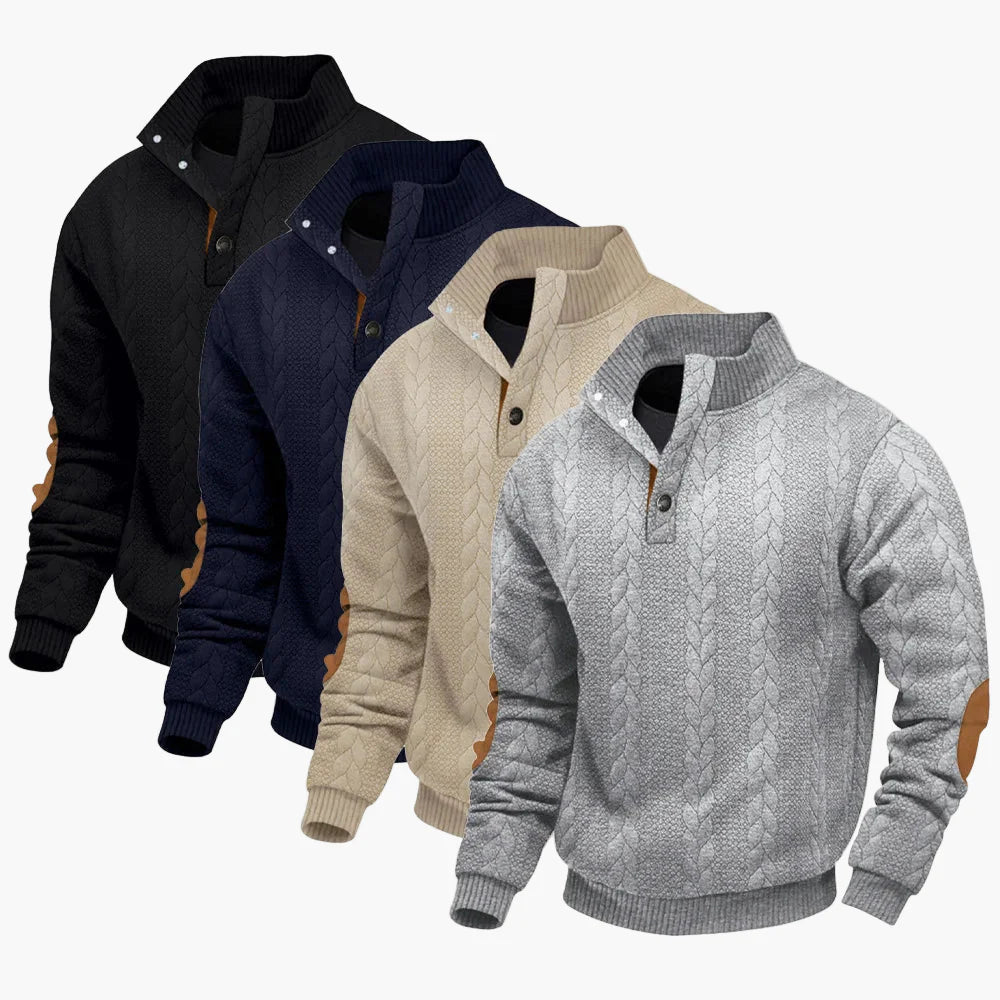 Herren Strickpullover mit Stehkragen und Ellenbogenpatches – Modernes Freizeitdesign für Outdoor und Alltag