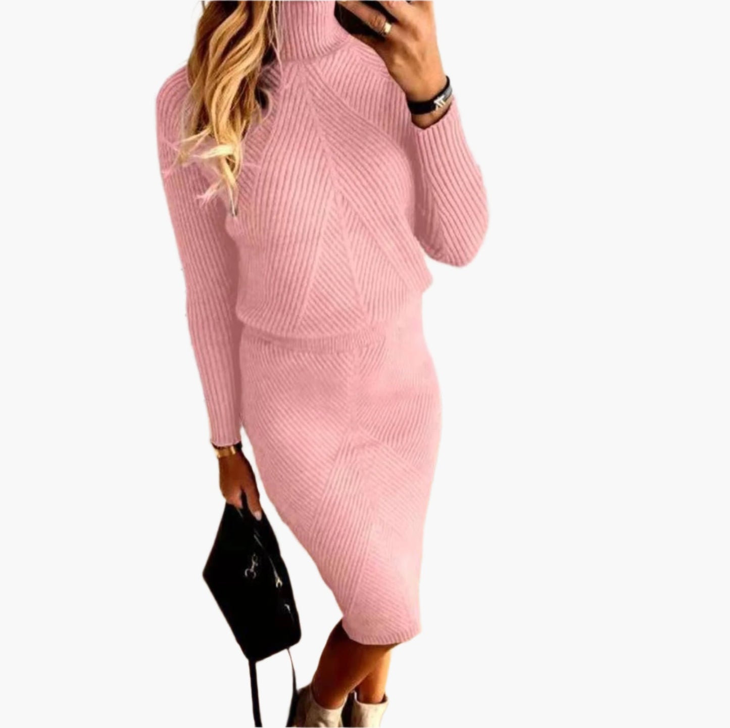 Damen Strickkleid Zweiteiler Set – Modischer Pulloverrock für Herbst und Winter, Eleganter Freizeitlook