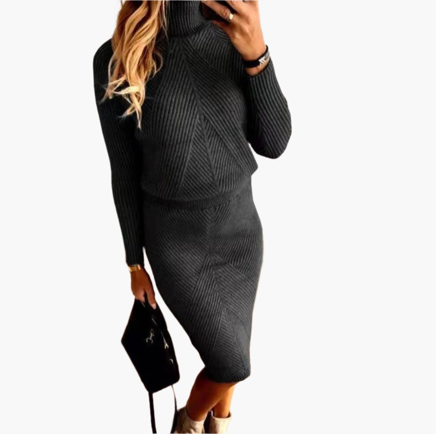 Damen Strickkleid Zweiteiler Set – Modischer Pulloverrock für Herbst und Winter, Eleganter Freizeitlook