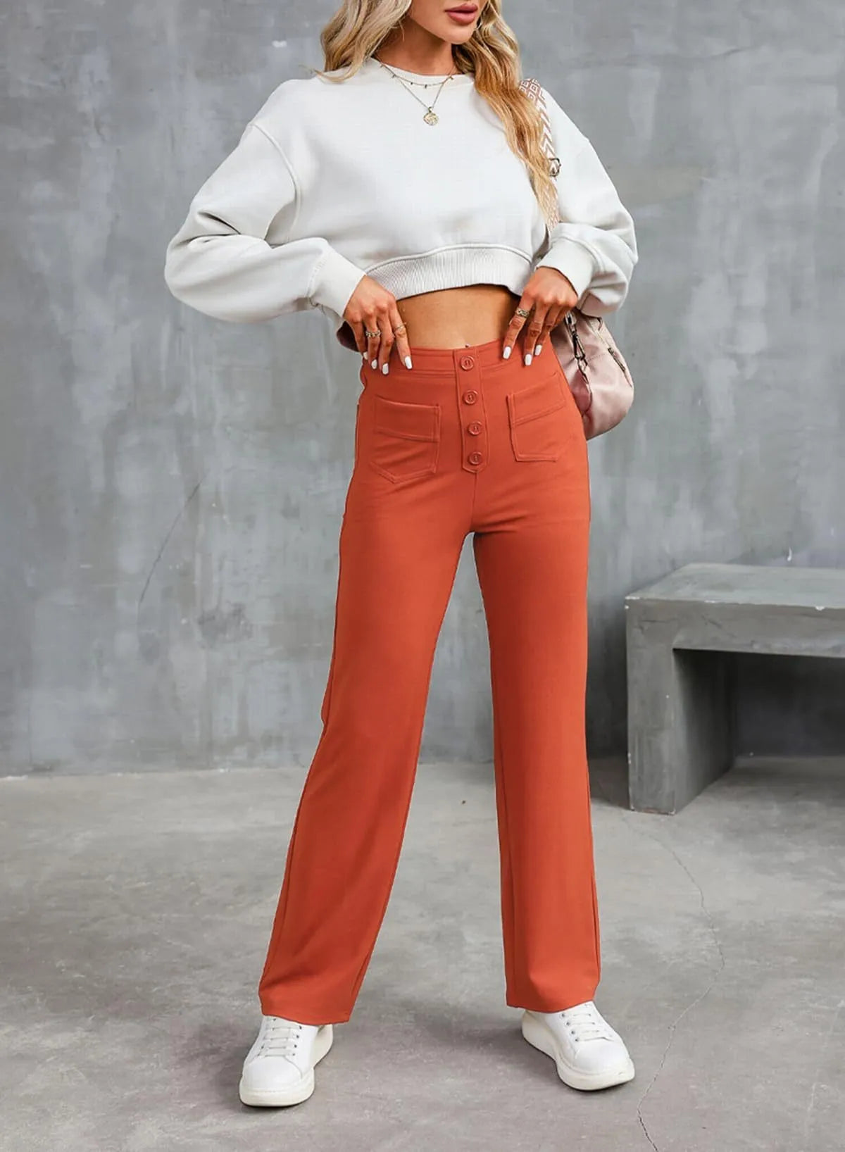 Tara – Bodenlange Damenhose mit Hohem Bund und Elastischem Taillenbund