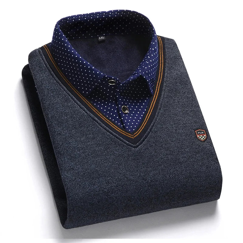 Jonas – Stilvoller zweiteiliger Strickpullover für Männer mit Plüsch und dickem, besticktem Polokragen