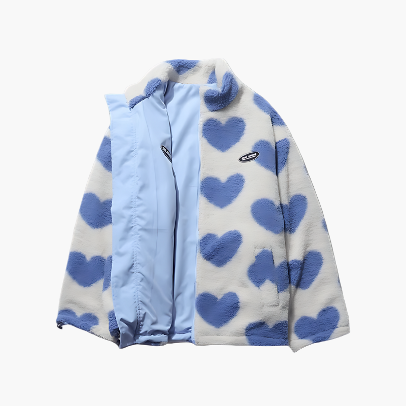 Damen Wendbare Fleecejacke mit Herzen – Stilvolle Outdoor Freizeitjacke, Reißverschluss, Kuschelig & Vielseitig