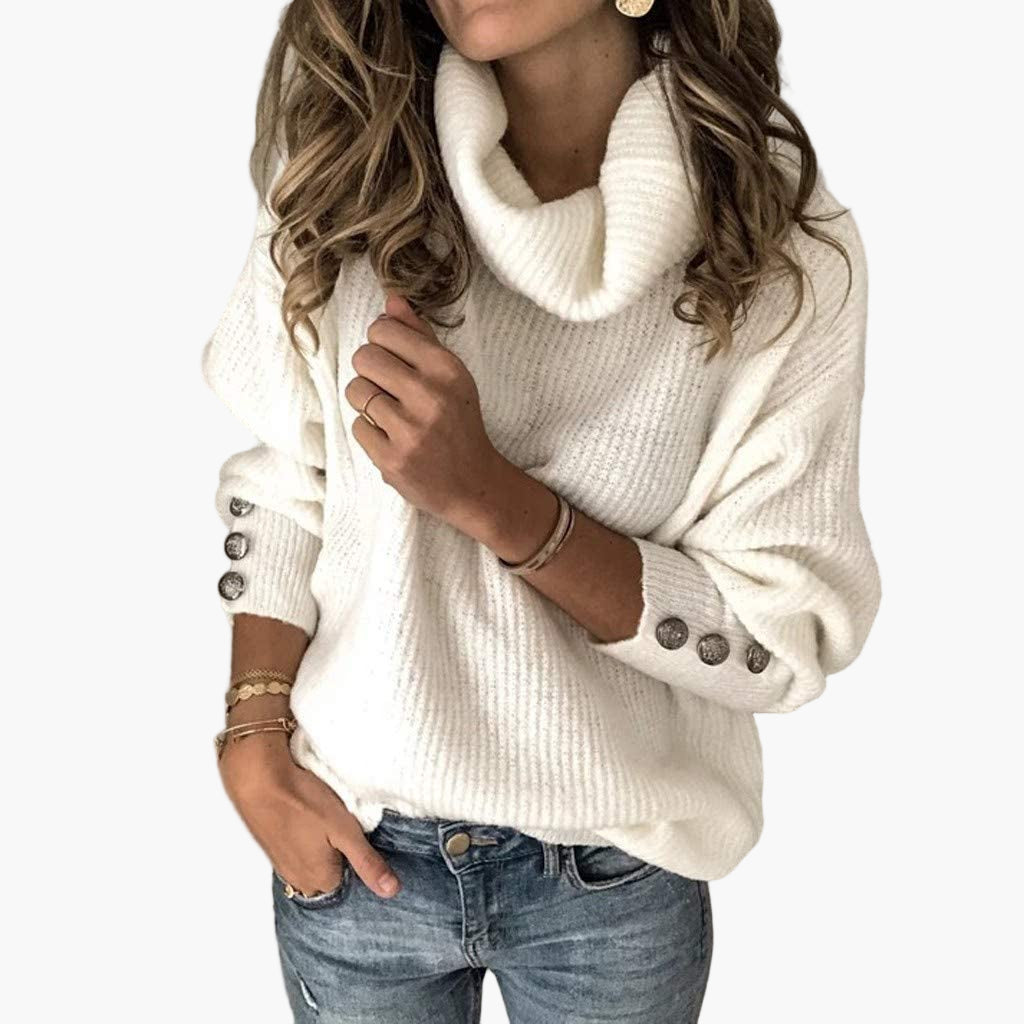 Damen Pullover mit Rollkragen und Knopfdetails – Bequemer Strick für Alltag und Freizeit