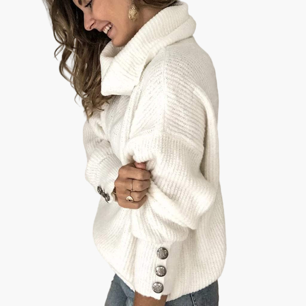 Damen Pullover mit Rollkragen und Knopfdetails – Bequemer Strick für Alltag und Freizeit