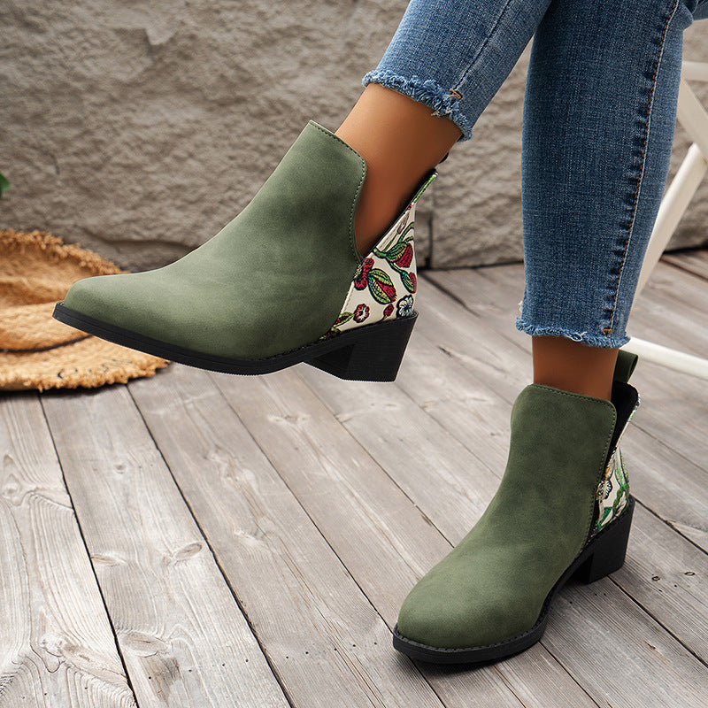 Clara – Geblümte Damenstiefeletten mit seitlichem Reißverschluss und quadratischem Absatz