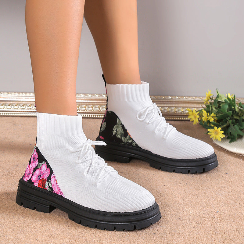 Tanya – Blumenmuster Stricksockenstiefel aus atmungsaktivem Mesh